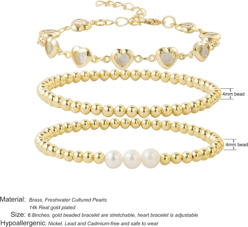Pymach Store Dainty Gold Plated Pearl Crystal Beaded Bracelets Set for Women 14K Gold Plated Bead Pearl Beads Bracelet Stackable Paperclip Link Chain Bracelets Gold Plated Bracelets for Women Trendy Jewelry - Image 2